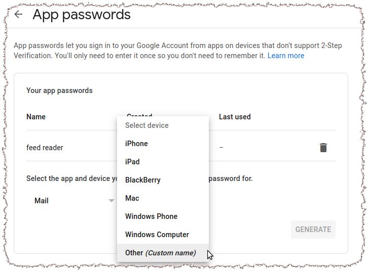 Google App passwords