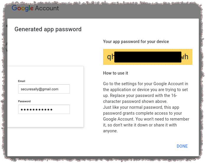 Google generated app password